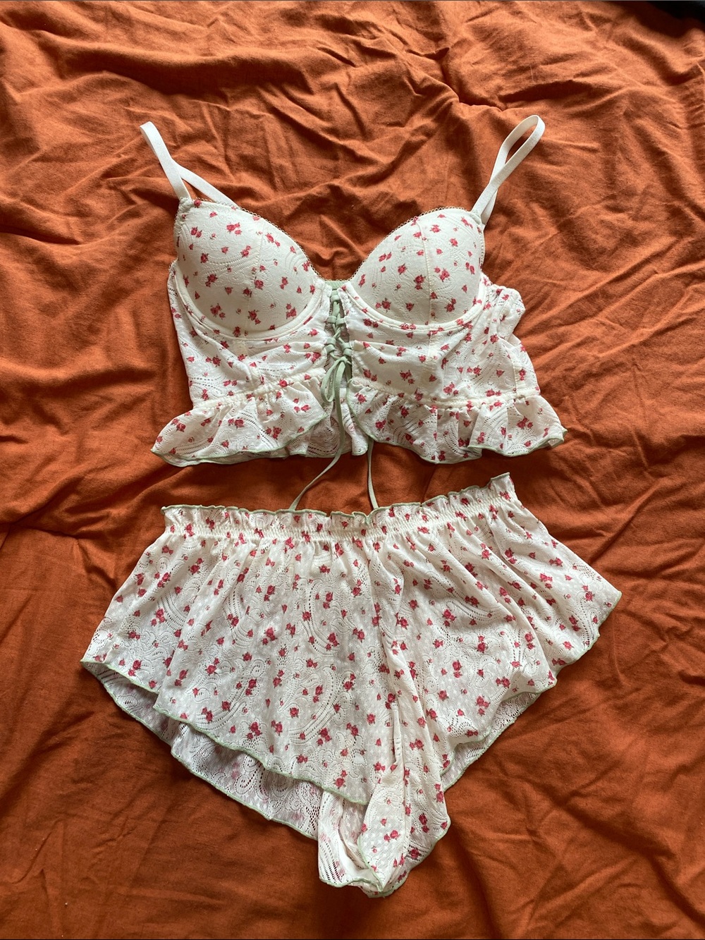 Floral Lace-Up White & Pink Bralette Sleep Set